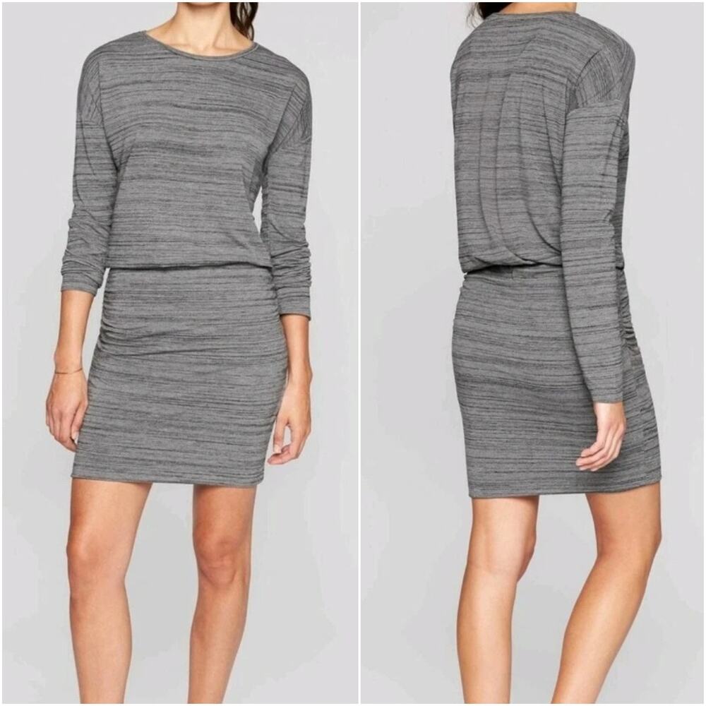 Athleta Avenues Gray Long Sleeves Blouson Mini Dress Ruched Bodycon Skirt Size M